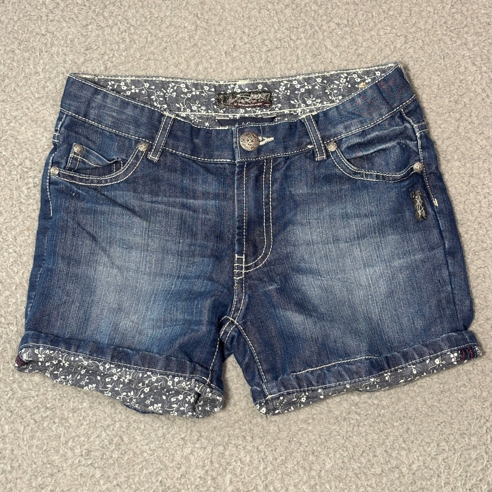 Silver Jeans Co Lacy Girls Dark Wash Floral Cuffed Denim Shorts Size 12 Blue